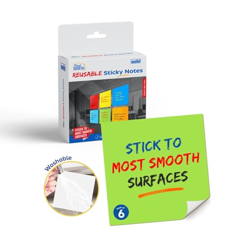 Image of SOLO Whiteboard Sticky Notes (10x10 cm, Pack of 6) - Reusable, Washable & Restickable up to 2000 Times with Magnetic Marker - Multicolor Notes for Office, School & Home