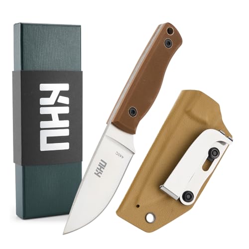KHU Cuchillo de Cuello Cuchillo Hoja Fija Caza Supervivencia Camping Bushcraft - 440C Acero Mango de G10 - Outdoor Caza Accesorios - Funda Kydex (Desierto - 26A-New)