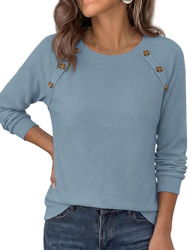PRETTYGARDEN Fall Long Sleeve Waffle Knit Shirts for Women, Dusty Blue,XL — view 4
