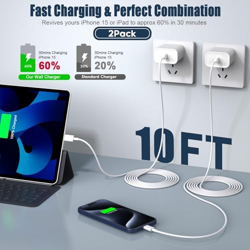 Image of 10Foot Fast iPhone Charging Cable,2Pack Super Fast iPhone USBC Wall Charger