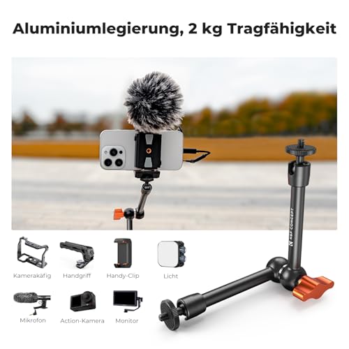 K&F CONCEPT 9,8 Zoll Magic Arm mit Super Clamp, Kamera Halterung für Käfig Monitor LED Licht Action-Kamera, 2 KG Belastung