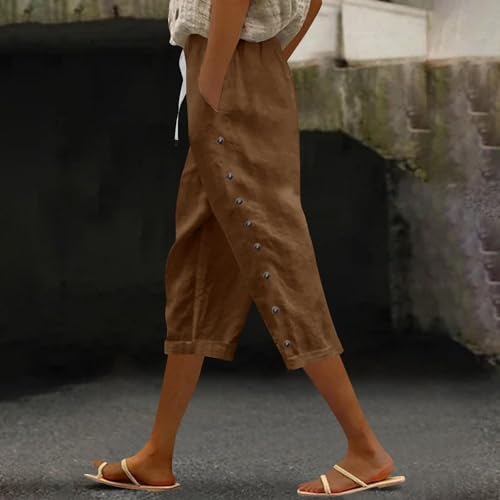 Linen Pants Women 2025 Summer Cotton Linen Capri Shorts Lightweight Drawstring Striped Short Pants with Pocket2