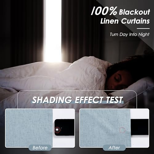 Image of Nanspring Blue 100% Blackout Linen Curtains for Bedroom 102 Inches Long Back Tab Thermal Insulated Luxury Modern Farmhouse Decor Black Out Curtain for Living Room Dining Room Drapes 52x102, 2 Panels