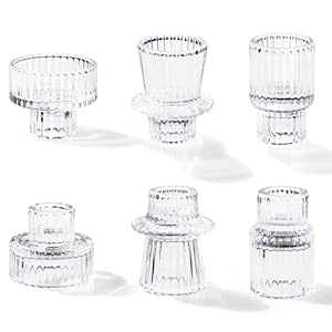 Candlestick Holders Set of 6, Ribbed Glass Taper Candle Holders, Reversible Clear Tealight & Candle Stick Candle Holder Vintage Crystal Tealight Candle Holder for Wedding Dinner Party