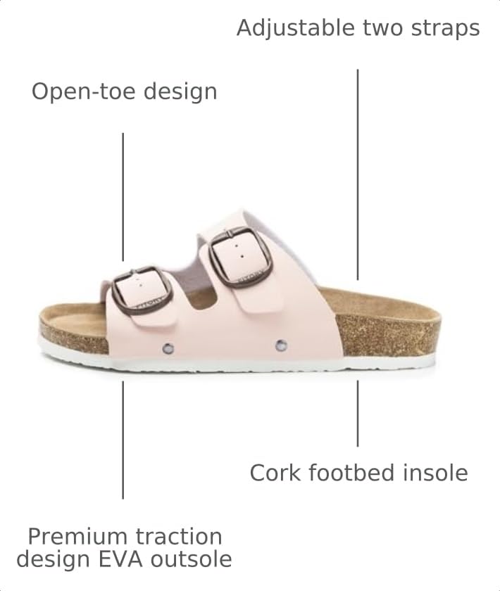 Image of FITORY Womens Flat Sandals with Cork Footbed, Open Toe Arch Support Slides Adjustable Slip On Slippers for Summer 2026 Size 6-11