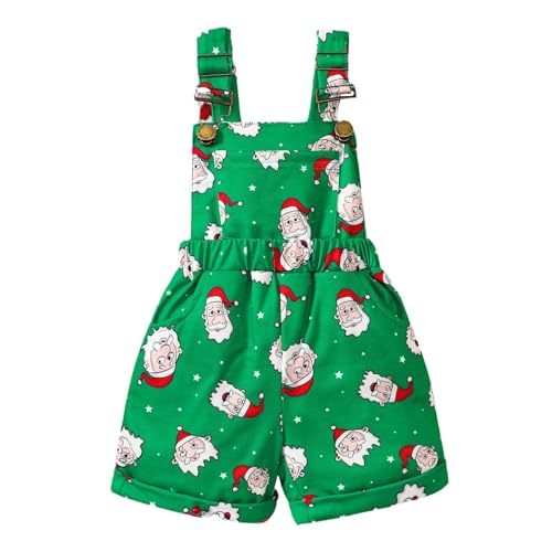 RNTOP Toddler Baby Girl Christmas Clothes Bib Overalls Santa Print Romper Suspender Shorts (Green, 12-18 Months)