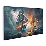 80 x 40 cm islandburner Tableau sur toile Bataille Mer Anciens voiliers Feu Fumée Militaire Frégates Dramatis Photos murales Poster