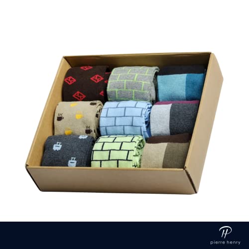 Pierre Henry Over The Calf Socks For Men (9 Pairs) | Colorful Funky Dress Socks | Cotton Made Over The Calf Dress Socks | Double Comfort Elastic Socks | Fashion Pattern Casual Dress Socks #TOP6