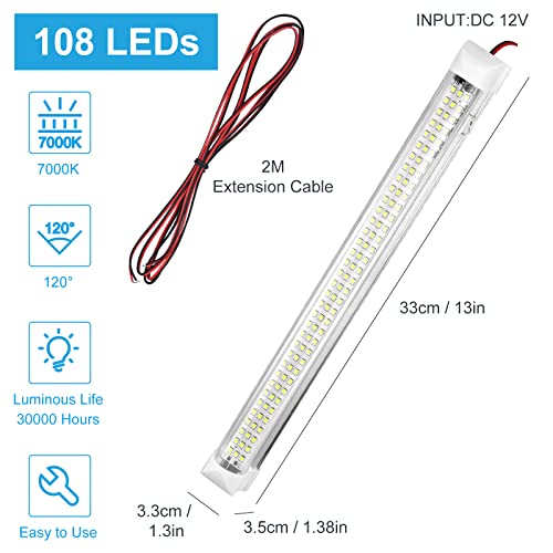 4 x 108 LED Innenbeleuchtung, 12V-80V LED Leiste mit 4 Verlängerungskabeln & ON/Off Schalter, Auto Innenleuchte LED Leselampe Leuchtstofflampe für Auto Wohnmobil Van Bus Caravan Boat Küche Bad