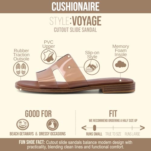 Image of CUSHIONAIRE Voyage Cutout Strap Slides for Women, Slip On Summer Flats, Trendy Footwear, Memory Foam Vegan Leather Comfortable Vacation Style Sandals