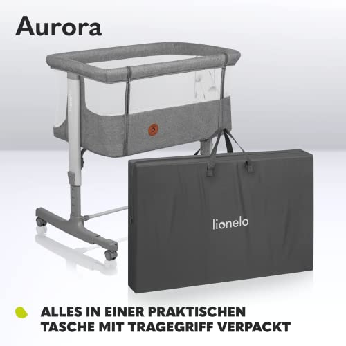 Lionelo Aurora 3 in 1 Babybett bis 9 kg, Beistellbett, Wiege, Höhenverstellug und Einstellung der Neigung der Matratze, 4 Räder mit Bremse Ergonomische Matratze Tasche