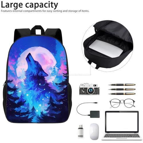 MAMINA Kids Wolf Backpack for Boys Girls, Howling Wolf Galaxy Backpack, Animal Print Blue Pink Space Galaxy Starry Night Cosmos School Backpack, Elementary Middle High School Backpack, 17 Inch4