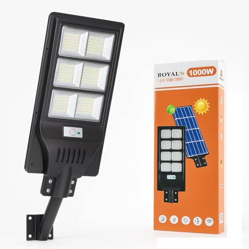 Lampione Solare LED 1000W con Sensore di Movimento, 6 Moduli, 6500K, IP66, Telecomando, Pannello Solare Integrato & Batteria 12.000 mAh – Montaggio su Palo o Parete per Giardino/Cortile/Parcheggio