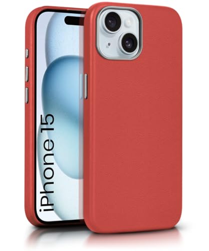 Image of WOW IMAGINE Back Cover for iPhone 15 | Shockproof Tough Leather Texture Hard Mobile Case | Ultra Slim Non-Slip Grip | Inner Velvet Fabric | Metal Camera Ring - Crimson Red