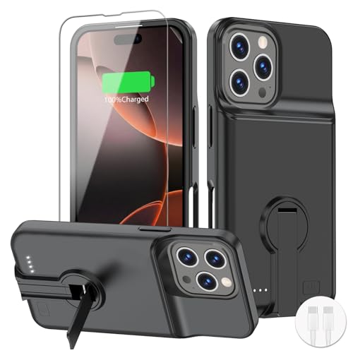BOPPS Battery Case for iPhone 16 Pro with StandSlim Powerful 8500mAh Portable Rechargeable Protective Extended Charger Cover for iPhone 16 Pro Charging Case Black