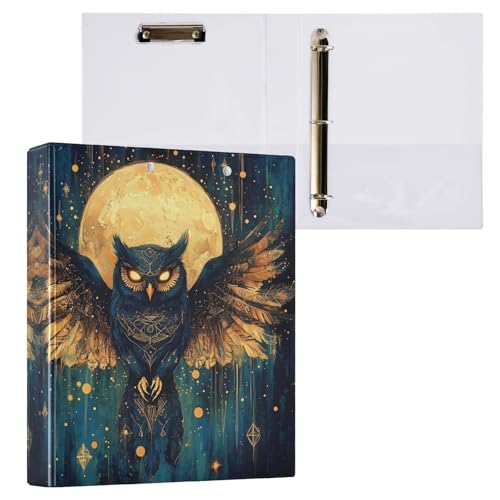 Image of 3 Ring Binder Owl Moon Moth Moon 1.5 inch Binders Three Ring Binders with Clipboard Fit 8.5'' x 11'' Paper 3 Interior PVC Clear Pockets for Office Supplies