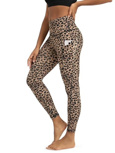 ODODOS Women's High Waisted 7/8 Yoga Leggings with Pockets, 25' Inseam Tummy Control Non See Through Workout Athletic Running Yoga Pants, Leopard, Large