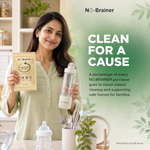 Image of NO BRAINER Dishwash Powder to Liquid | Natural Plant-Based, Non-Toxic Liquid | Hard on Grease, Easy on Hands | No Residue | Baby & Pet Safe | No Plastic Waste | Lime (Bottle + 1 Pouch for 500ml)