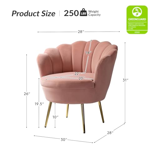 Image of HULALA HOME Modern Velvet Accent Chair with Shell Shaped Back, Cute Living Room Bedroom Armchair Sofa Chair with Gold Legs, Comfy Upholstered Vanity Chair for Makeup Room, Pink
