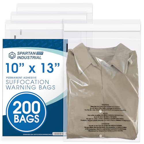 Spartan Industrial - 10 X 13 (200 Count) Self Seal Clear Poly Bags with Suffocation Warning for Packaging T Shirts - Permanent Adhesive