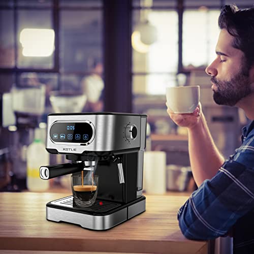 KOTLIE Cafetera Express, Máquina de Café Expreso con Panel Táctil Digital, Tubo de Vapor Giratorio, 20 Bares de Alta Presión, Depósito Extraíble de 1.5L, 2 Filtros, 1100 W, Negro