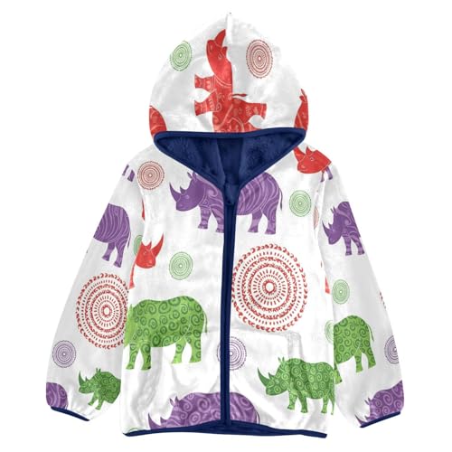 Colorful Rhinos with Patterns Toddler Fleece Jacket Girl Boys Hooded Fleece Jacket Coat Warm Outwear Zip-up 3-10T