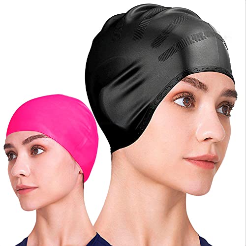 Zwemmutsen Unisex siliconen badmuts voor dames lang haar en mannen en kinderen waterdicht - een set van 2-één met oorzakken en klassieke One wordt geleverd met 1x neuslippen oordopjes - Image 3
