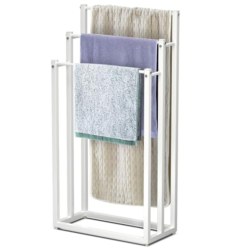 VOUNOT® Porte-Serviettes autoportant sur Pied Support à 3 Niveaux en Métal Rangement Stable pour Serviettes de Bain et Accessoires Idéal à Côté de la Douche Baignoire ou Lavabo Blanc