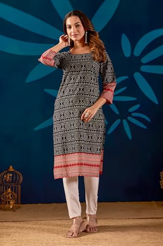 Image of Women's Pure Cotton Straight Fit Straight Cambric Jaipuri Printed Kurti