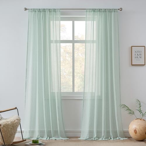 Image of FMFUNCTEX Linen Sheer Curtains for Bedroom, Sage Green Curtains 84 inches Long for Living Room, Farmhouse French Flax Blend Window Draperies, Rod Pocket 2 Panels Set