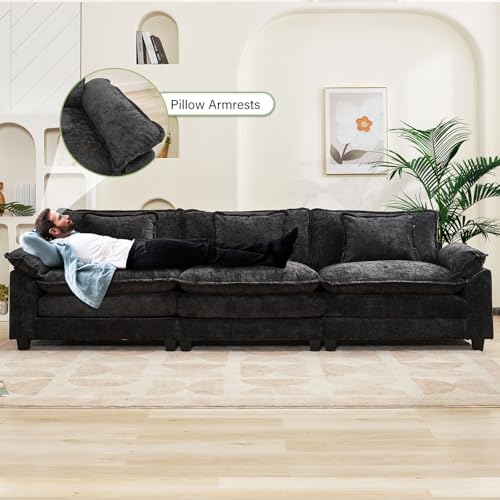 Image of Oprisen 120 inch Modular Sectional Sofa, Comfy Cloud Couch Sectional Sofa, Chenille Sofa Sleeper Deep Seat Sofa with Throw Pillows for Living Room (Black, 120 inch- 3 Seater)