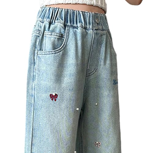 Girls' Pearl Jeans, Wide Leg Denim Pants with Bowknot Embroidery, 5 Pockets Trendy Casual Trousers for Tween4