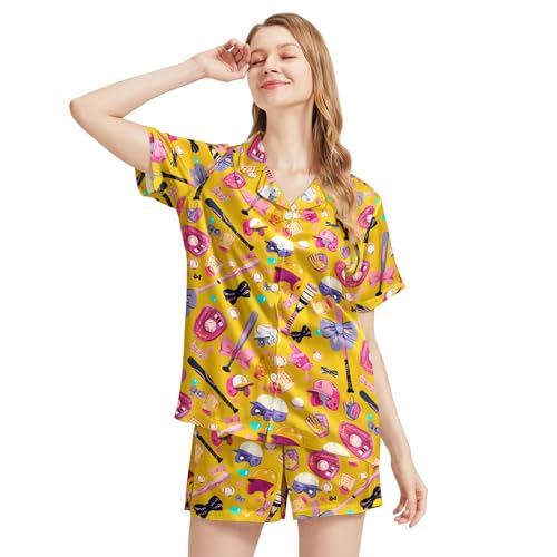 Image of Funny Satin Pajamas Set for Women Button Down Sleepwear Print Pjs Set 2 Piece Short Sleeve Loungewear Gift for Women