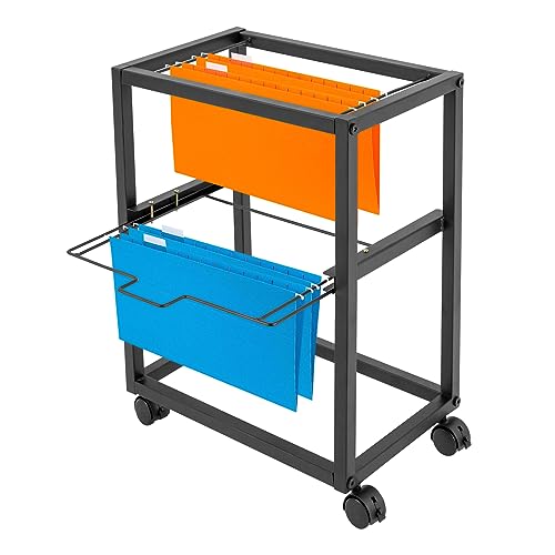 2/3 Tiers Metal Rolling File Carts with Wheels Hanging Files for Letter Size Movable Pull-Out File Folder Rack Drawer File Cabinet for Home Office (2Tiers Black)