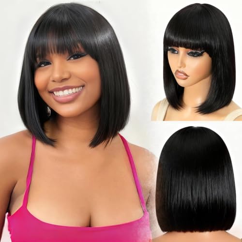 Image of ZHENGON Bob Human Hair Wig with Bangs Silky Straight Glueless Wigs Human Hair 150% Density Black Bob Wig with Bangs None Lace Machine Made Wigs for Black Women 10Inch
