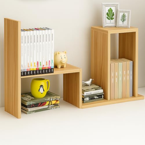 Image of Desktop Shelf Organizer, Adjustable Wood Office Storage Rack, Counter Display Small Bookshelf for Home /Office /School(Light Walnut)
