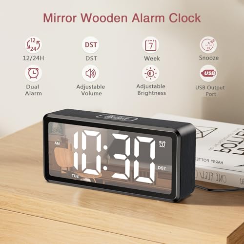 LOFICOPER Mirror Wooden LED Alarm Clock product photo LOFICOPER Mirror Wooden LED Alarm Clock product