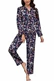 Cudkim Women's Satin Pajama Set 2 Piece Silk Long Sleeve Button Down Sleepwear Soft Pjs Sets Loungewear (Dark Blue Birds) S