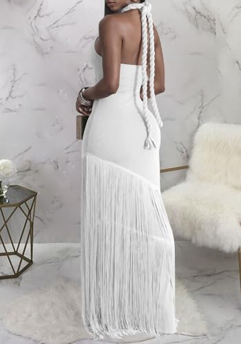 Image of Kwunbwa Women's Sexy Halter Backless Maxi Dress Cut Out Sleeveless Bodycon Long Fringes Club Party Cocktail Dresses