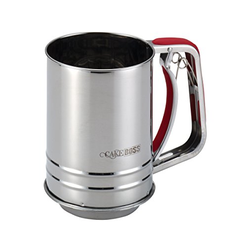 Cake Boss Stainless Steel Tools and Gadgets 3-Cup Flour Sifter with Red Silicone Grips