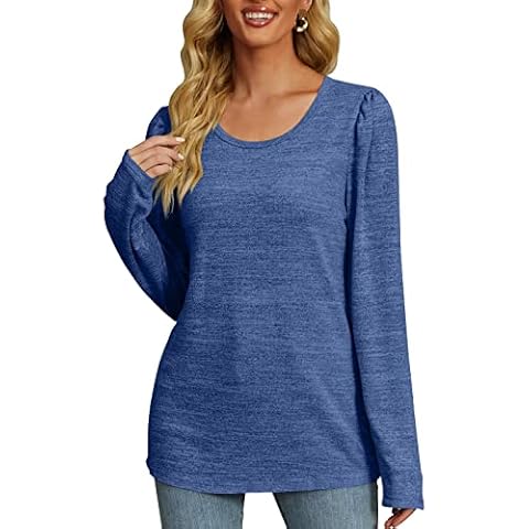 Sweaters for Women Crew Neck Puffy Long Sleeve Plain Casual Tunic Tops for Leggings Fall Sweatshirts, S1-dark Blue, Large Cover