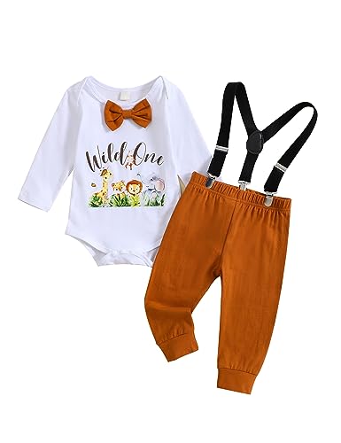 puseky Baby Junge Wild One 1. Geburtstag Cake Smash Outfit Gentleman Anzug Fliege Strampler und Hosenträger Hose Party Foto-Shooting Outfit Set 12-18 Monate