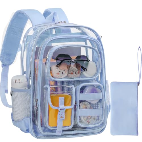 Unineovo Three-layer Clear Backpack Heavy Duty Clear Bookbag for Kids See Through Backpack Transparent Bag for Girls Boys (Light Blue)