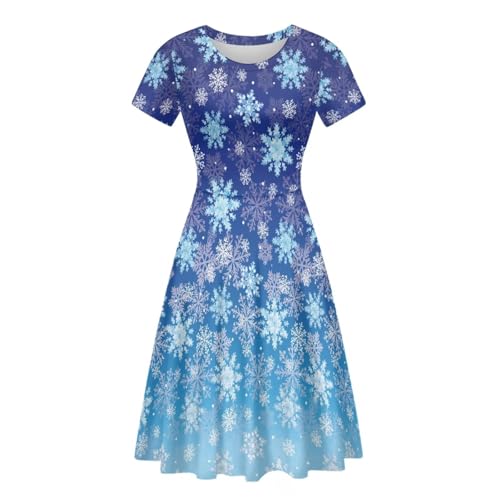 Image of Forchrinse Christmas Snowflakes Dress for Women Causal Midi Dresses Elegant Party Short Sleeve A Line Flared Swing Dress Xmas Sundress Size S-4XL