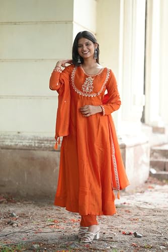 Image of MOKOSH Women's Silk Embroidery Anakrali Kurta Pant with Dupatta | Anarkali Kurta Set | Round Neck Full Sleeve Ethnic Suit | Floral Kurta 7 Colour Option Available | 3 Piece Outfit