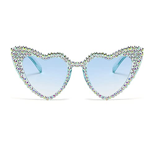 mincl Cute Women Heart Sunglasses Fashion Shiny Bling Diamond Sunglasses Polygonal Pink Rhinestone Sunglasses UV Protection (blue)