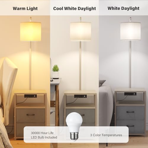 Image of SUNMORY Floor Standing Lamp with Table & 2 Drawers, USB & AC Charging Port | 3 Color Temperature LED Bulb, Modern Nightstand for Bedroom, Shelves End Side Table Lamp for Living Room Home Office, Grey