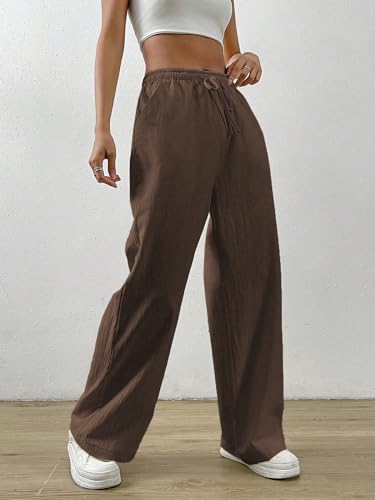 Image of TOPLOT Women's Linen Blend Wide Leg Palazzo Pants | Elastic Drawstring Waist Trousers for Woman | Relaxed Fit Casual Lounge Trousers | Breathable Straight Leg Everyday Bottom Wear (5268)