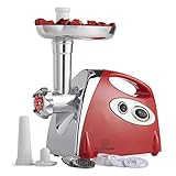 MisterChef 1600 Watt Electric Meat Grinder, Stainless Steel Meat Mincer & Sausage Stuffer, 3 Different Cutting Plates, Sausage & Kubbe Kit Included, Red, 2 Year Warranty