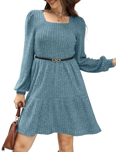 Image of Sampeel Womens Square Neck Long Sleeve Fall Dresses Casual Babydoll Sweater Dress
